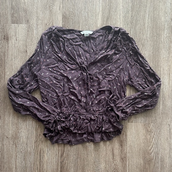 American Eagle Brown Ditsy Floral Peplum Long Sleeve Top Boho Size Small - Picture 1 of 5